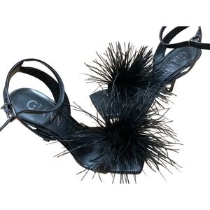 Gianni Bini Black Feather Pom Pom Stiletto Sandals Square Toe Ankle Strap Heels